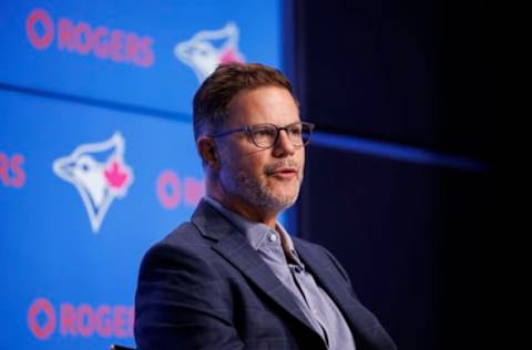 TORONTO, ON – JULY 13: Ross Atkins general manager of the Toronto Blue Jays speaks during a press conference after naming John Schneider the interim manager of the team, at Rogers Centre on July 13, 2022 in Toronto, Canada. (Photo by Cole Burston/Getty Images)