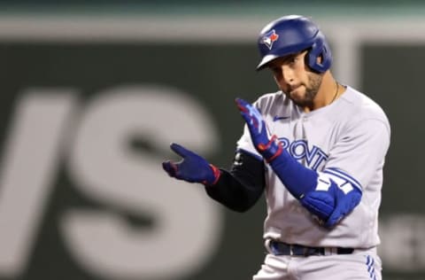 BOSTON, MASSACHUSETTS – AUGUST 24: George Springer #4 of the Toronto Blue Jays celebrates after a RBI double during the tenth inning at Fenway Park on August 24, 2022 in Boston, Massachusetts. The Blue Jays defeat the Red Sox 3-2. (Photo by Maddie Meyer/Getty Images)