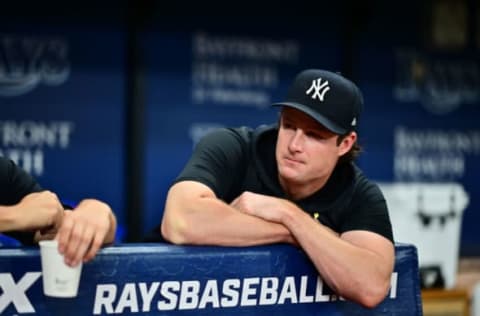 ST PETERSBURG, FLORIDA – SEPTEMBER 02: Gerrit Cole #45 of the New York Yankees looks on prior to game against the Tampa Bay Rays at Tropicana Field on September 02, 2022 in St Petersburg, Florida. (Photo by Julio Aguilar/Getty Images)