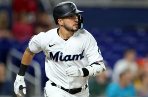 MIAMI, FLORIDA – SEPTEMBER 15: Jordan Groshans #65 of the Miami Marlins in action against the Philadelphia Phillies at loanDepot park on September 15, 2022 in Miami, Florida. (Photo by Megan Briggs/Getty Images)