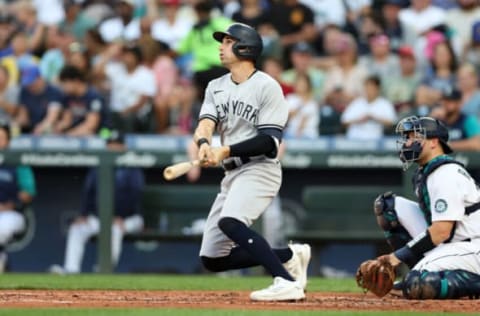 SEATTLE – AUGUST 08: Tim Locastro #33 of the New York Yankees bats during the game against the Seattle Mariners at T-Mobile Park on August 08, 2022 in Seattle, Washington. The Yankees defeated the Mariners 9-4. (Photo by Rob Leiter/MLB Photos via Getty Images)