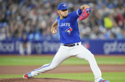 TORONTO, ON – SEPTEMBER 27: Jose Berrios #17 of the Toronto Blue Jays pitches to the New York Yankees in the first inning during their MLB game at the Rogers Centre on September 27, 2022 in Toronto, Ontario, Canada. (Photo by Mark Blinch/Getty Images)