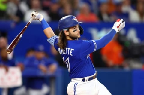 TORONTO, ON – SEPTEMBER 30: Bo Bichette #11 of the Toronto Blue Jays bats against the Boston Red Sox at Rogers Centre on September 30, 2022 in Toronto, Ontario, Canada. (Photo by Vaughn Ridley/Getty Images)