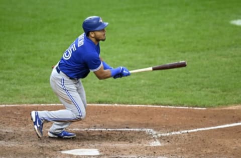 BALTIMORE, MARYLAND – OCTOBER 05: Gabriel Moreno #55 of the Toronto Blue Jays bats against the Baltimore Orioles during game two of a doubleheader at Oriole Park at Camden Yards on October 05, 2022 in Baltimore, Maryland. (Photo by G Fiume/Getty Images)