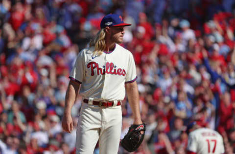 PHILADELPHIA, PENNSYLVANIA – OCTOBER 15: Noah Syndergaard #43 of the Philadelphia Phillies looks on against the Atlanta Braves during the first inning in game four of the National League Division Series at Citizens Bank Park on October 15, 2022 in Philadelphia, Pennsylvania. (Photo by Tim Nwachukwu/Getty Images)