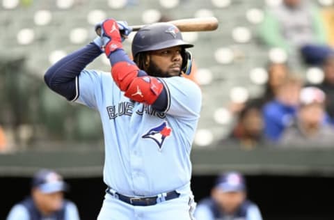 BALTIMORE, MARYLAND – OCTOBER 05: Vladimir Guerrero Jr. #27 of the Toronto Blue Jays bats against the Baltimore Orioles during game one of a doubleheader at Oriole Park at Camden Yards on October 05, 2022 in Baltimore, Maryland. (Photo by G Fiume/Getty Images)