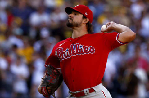 SAN DIEGO, CALIFORNIA – OCTOBER 19: Brad Hand #52 of the Philadelphia Phillies pitches during the fifth inning against the San Diego Padres in game two of the National League Championship Series at PETCO Park on October 19, 2022 in San Diego, California. (Photo by Ronald Martinez/Getty Images)