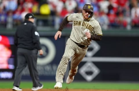 PHILADELPHIA, PENNSYLVANIA – OCTOBER 21: Brandon Drury #17 of the San Diego Padres runs to third base during the sixth inning against the Philadelphia Phillies in game three of the National League Championship Series at Citizens Bank Park on October 21, 2022 in Philadelphia, Pennsylvania. (Photo by Elsa/Getty Images)