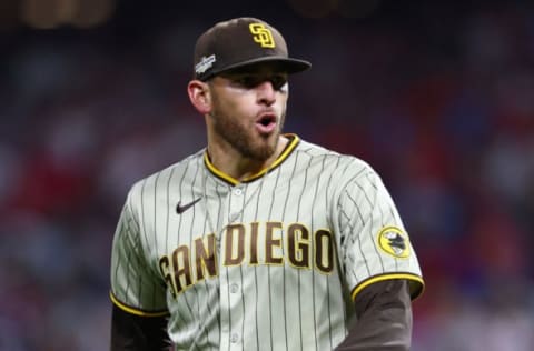 PHILADELPHIA, PENNSYLVANIA – OCTOBER 21: Joe Musgrove #44 of the San Diego Padres reacts during the sixth inning against the Philadelphia Phillies in game three of the National League Championship Series at Citizens Bank Park on October 21, 2022 in Philadelphia, Pennsylvania. (Photo by Elsa/Getty Images)