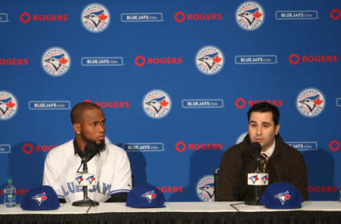 TORONTO, CANADA – JANUARY 17: General manager Alex Anthopoulos answers a question as he introduces Jose Reyes #7 of the Toronto Blue Jays at a press conference at Rogers Centre on January 17, 2013 in Toronto, Ontario, Canada. (Photo by Tom Szczerbowski/Getty Images)