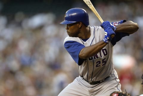 SEATTLE – AUGUST 13: Carlos Delgado #35 of the Toronto Blue Jays bats against the Seattle Mariners during the game on August 13, 2003 at Safeco Field in Seattle, Washington. The Mariners defeated the Blue Jays 13-6. (Photo by Otto Greule Jr/Getty Images)