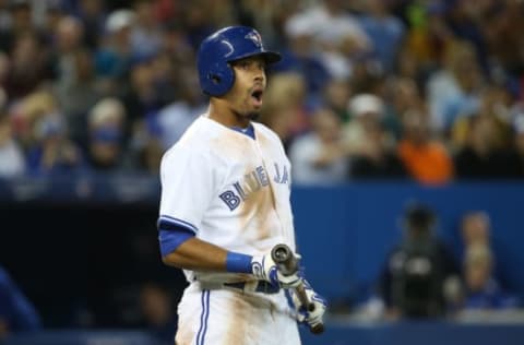 TORONTO, CANADA – SEPTEMBER 26: Dalton Pompey #45 of the Toronto Blue Jays during his at bat in the fifth inning during MLB game action against the Baltimore Orioles on September 26, 2014 at Rogers Centre in Toronto, Ontario, Canada. (Photo by Tom Szczerbowski/Getty Images)