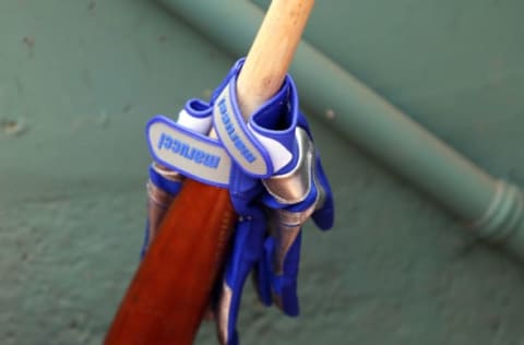 BOSTON, MA – JUNE 14: The batting gloves and bat of Jose Bautista