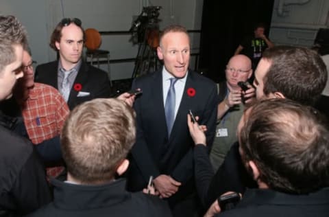 TORONTO, CANADA – NOVEMBER 2: Mark Shapiro speaks to the media as he is introduced as president of the Toronto Blue Jays during a press conference on November 2, 2015 at Rogers Centre in Toronto, Ontario, Canada. (Photo by Tom Szczerbowski/Getty Images)