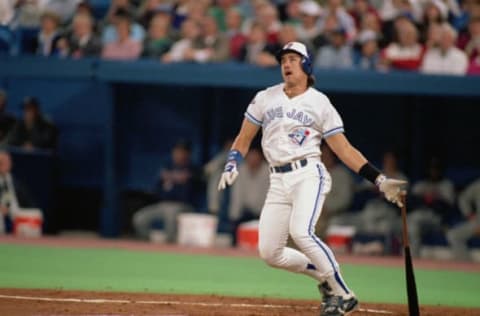 TORONTO – OCTOBER 21: Pat Borders #10 hits an Atlanta Braves pitch during game 4 of the World Series at the SkyDome in Toronto, Ontario, Canada, on October 21, 1992. The Blue Jays won 2-1. (Photo by Rick Stewart/Getty Images)