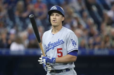 TORONTO, CANADA – MAY 6: Corey Seager #5 of the Los Angeles Dodgers reacts after striking out in the first inning during MLB game action against the Toronto Blue Jays on May 6, 2016 at Rogers Centre in Toronto, Ontario, Canada. (Photo by Tom Szczerbowski/Getty Images)