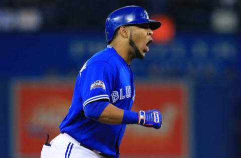 TORONTO, ON – OCTOBER 9: Edwin Encarnacion #10 of the Toronto Blue Jays celebrates after hitting a two run home run in the first inning against the Texas Rangers during game three of the American League Division Series at Rogers Centre on October 9, 2016 in Toronto, Canada. (Photo by Vaughn Ridley/Getty Images)