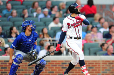 ATLANTA, GA – MAY 17: Nick Markakis #22 of the Atlanta Braves knocks in a run with a first inning single against the Toronto Blue Jays at SunTrust Park on May 17, 2017 in Atlanta, Georgia. (Photo by Scott Cunningham/Getty Images)