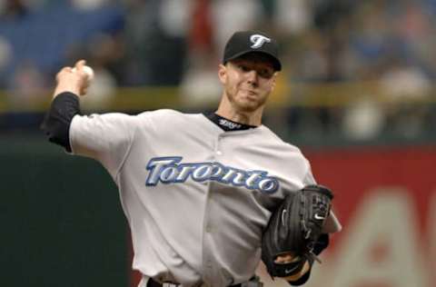 Toronto Blue Jays pitcher Roy Halladay pitches against the Tampa Bay Devil Rays, April 8, 2007 in St. Petersburg, Florida. The Jays defeated the Rays 6-3. (Photo by Al Messerschmidt/WireImage)