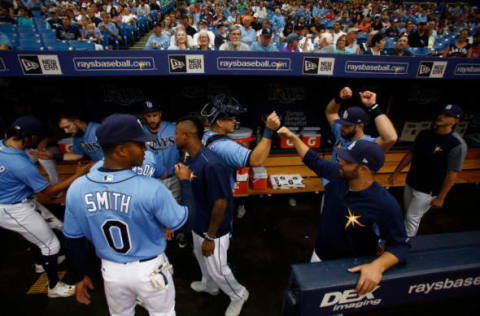 ST. PETERSBURG, FL – JULY 9: The Tampa Bay Rays get ready in the dugout before the start of a game against the Boston Red Sox on July 9, 2017 at Tropicana Field in St. Petersburg, Florida. (Photo by Brian Blanco/Getty Images)