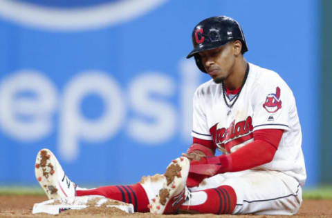 CLEVELAND, OH – SEPTEMBER 15: Francisco Lindor #12 of the Cleveland Indians sits at second base after being forced out on a ball hit by Austin Jackson #26 against the Kansas City Royals during the seventh inning at Progressive Field on September 15, 2017 in Cleveland, Ohio. The Royals defeated the Indians 4-3. (Photo by Ron Schwane/Getty Images)