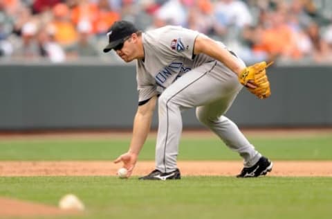 BALTIMORE – MAY 27: Scott Rolen #33 of the Toronto Blue Jays fields the ball against the Baltimore Orioles at Camden Yards on May 27, 2009 in Baltimore, Maryland. (Photo by G Fiume/Getty Images)