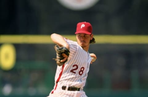 PHILADELPHIA – 1993: Mitch Williams of the Philadelphia Phillies pitches during an MLB game at Veterans Stadium in Philadelphia, Pennsylvania during the 1993 season. (Photo by Ron Vesely/MLB Photos via Getty Images)