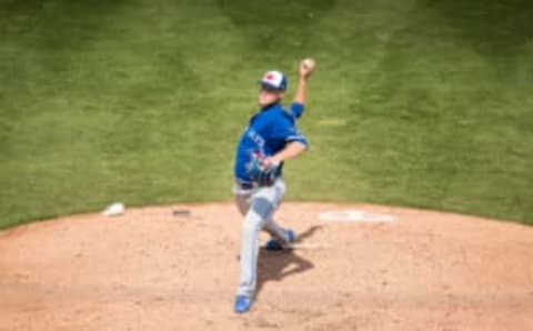 FORT MYERS, FL- MARCH 02: Jon Harris #57 of the Toronto Blue Jays pitches during a spring training game against the Minnesota Twins on March 2, 2018 at the Hammond Stadium in Fort Myers, Florida. (Photo by Brace Hemmelgarn/Minnesota Twins/Getty Images) *** Local Caption *** Jon Harris