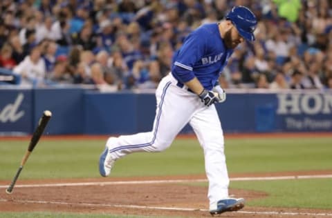 TORONTO, ON – MAY 18: Russell Martin #55 of the Toronto Blue Jays reacts as he pops out in the seventh inning during MLB game action against the Oakland Athletics at Rogers Centre on May 18, 2018 in Toronto, Canada. (Photo by Tom Szczerbowski/Getty Images)