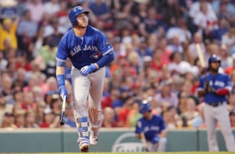 BOSTON, MA – MAY 29: Justin Smoak #14 of the Toronto Blue Jays hits a home run against the Boston Red Sox during the fourth inning at Fenway Park on May 29, 2018 in Boston, Massachusetts. (Photo by Maddie Meyer/Getty Images)