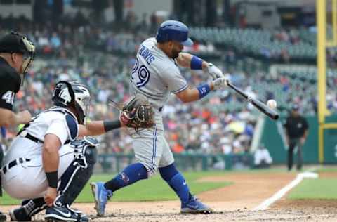 DETROIT, MI – JUNE 3: Devon Travis #29 of the Toronto Blue Jays singles to centerfield during the fifth inning of the game against the Detroit Tigers at Comerica Park on June 3, 2018 in Detroit, Michigan. (Photo by Leon Halip/Getty Images)