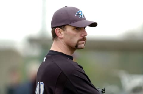 Pitcher Pat Hentgen watches spring training drills at the Toronto Blue Jays camp in Dunedin, Florida February 27, 2004. (Photo by A. Messerschmidt/Getty Images)