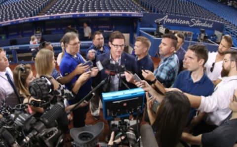 TORONTO, ON – JUNE 29: General manager Ross Atkins of the Toronto Blue Jays speaks to members of the media before the start of MLB game action against the Detroit Tigers at Rogers Centre on June 29, 2018 in Toronto, Canada. (Photo by Tom Szczerbowski/Getty Images)