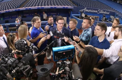 TORONTO, ON – JUNE 29: General manager Ross Atkins of the Toronto Blue Jays speaks to members of the media before the start of MLB game action against the Detroit Tigers at Rogers Centre on June 29, 2018 in Toronto, Canada. (Photo by Tom Szczerbowski/Getty Images)