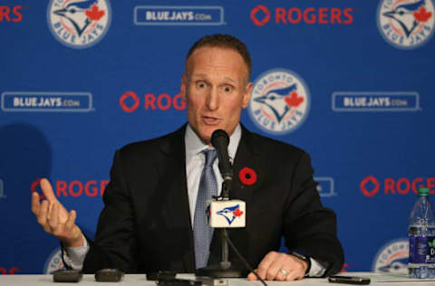 TORONTO, CANADA – NOVEMBER 2: Mark Shapiro speaks to the media as he is introduced as president of the Toronto Blue Jays during a press conference on November 2, 2015 at Rogers Centre in Toronto, Ontario, Canada. (Photo by Tom Szczerbowski/Getty Images)