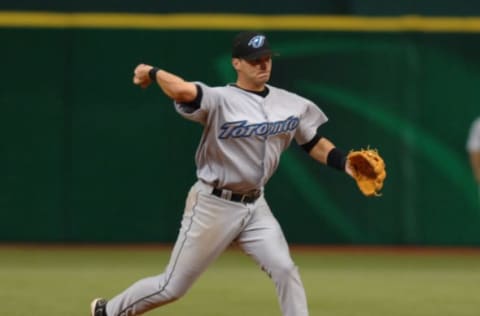 Toronto Blue Jays shortstop Russ Adams covers the infield in the season opener April 4, 2005 against the Tampa Bay Devil Rays. The Blue Jays won 6 to 2. (Photo by A. Messerschmidt/Getty Images)