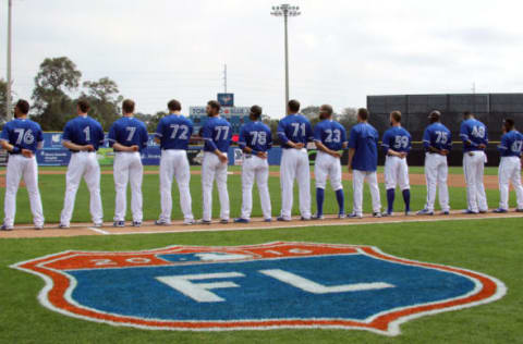 LAKELAND, FL- MARCH 02: The Toronto Blue Jays stand during the National Anthem before the game against the Philadelphia Phillies at Florida Auto Exchange Stadium on March 2, 2016 in Dunedin, Florida. (Photo by Justin K. Aller/Getty Images)