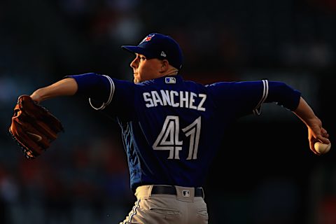 ANAHEIM, CA – JUNE 21: Aaron Sanchez #41 of the Toronto Blue Jays pitches during the first inning of a game against the Los Angeles Angels of Anaheim at Angel Stadium on June 21, 2018 in Anaheim, California. (Photo by Sean M. Haffey/Getty Images)