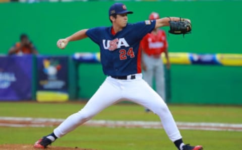 DAVID, PANAMA – AUGUST 19: Andrew Painter #24 of United States pitches in the 1st inning during the final match of WSBC U-15 World Cup Super Round at Estadio Kenny Serracin on August 19, 2018 in David, Panama. (Photo by Hector Vivas/Getty Images)