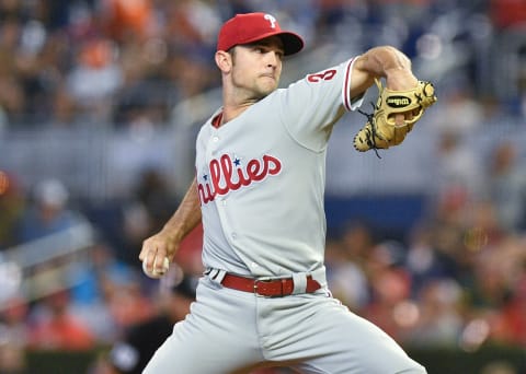 MIAMI, FL – APRIL 14: David Robertson #30 of the Philadelphia Phillies throws a pitch during the game against the Miami Marlins at Marlins Park on April 14, 2019 in Miami, Florida. (Photo by Mark Brown/Getty Images)