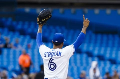 TORONTO, ONTARIO – JULY 24: Marcus Stroman #6 of the Toronto Blue Jays reacts against the Cleveland Indians in the third inning during their MLB game at the Rogers Centre on July 24, 2019 in Toronto, Canada. (Photo by Mark Blinch/Getty Images)