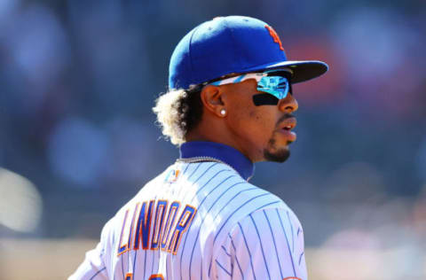 NEW YORK, NEW YORK – APRIL 08: Francisco Lindor #12 of the New York Mets in action against the Miami Marlins at Citi Field on April 08, 2021 in New York City. New York Mets defeated the Miami Marlins 3-2. (Photo by Mike Stobe/Getty Images)