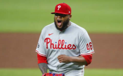 ATLANTA, GA – APRIL 10: Jose Alvarado #46 of the Philadelphia Phillies reacts in the seventh inning of an MLB game against the Atlanta Braves at Truist Park on April 10, 2021 in Atlanta, Georgia. (Photo by Todd Kirkland/Getty Images)