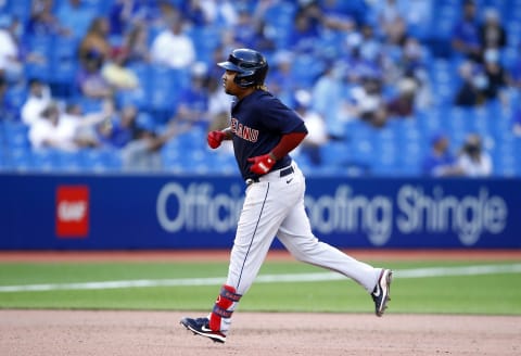 TORONTO, ON – AUGUST 02: Jose Ramirez #11 of the Cleveland Indians hits a two run home run in the tenth inning during a MLB game against the Toronto Blue Jays at Rogers Centre on August 02, 2021 in Toronto, Canada. (Photo by Vaughn Ridley/Getty Images)