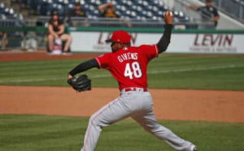 PITTSBURGH, PA – SEPTEMBER 16: Mychal Givens #48 of the Cincinnati Reds pitches in the ninth inning against the Pittsburgh Pirates during the game at PNC Park on September 16, 2021 in Pittsburgh, Pennsylvania. (Photo by Justin K. Aller/Getty Images)