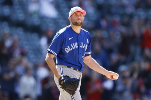 CLEVELAND, OH – MAY 08: Tim Mayza #58 of the Toronto Blue Jays reacts after giving up a solo home run to Owen Miller #6 of the Cleveland Guardians during the eighth inning at Progressive Field on May 08, 2022, in Cleveland, Ohio. The Guardians defeated the Toronto Blue Jays 4-3. (Photo by Ron Schwane/Getty Images)