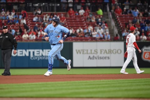 ST LOUIS, MO – MAY 24: Danny Jansen #9 of the Toronto Blue Jays rounds the bases after hitting a solo home run against the St. Louis Cardinals during the seventh inning at Busch Stadium on May 24, 2022, in St Louis, Missouri. (Photo by Joe Puetz/Getty Images)