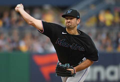 PITTSBURGH, PA – JULY 23: Zach Pop #56 of the Miami Marlins delivers a pitch in the second inning during the game against the Pittsburgh Pirates at PNC Park on July 23, 2022, in Pittsburgh, Pennsylvania. (Photo by Justin Berl/Getty Images)