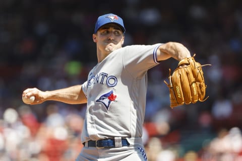 BOSTON, MA – JULY 24: Ross Stripling #48 of the Toronto Blue Jays pitches against the Boston Red Sox during the first inning at Fenway Park on July 24, 2022, in Boston, Massachusetts. (Photo By Winslow Townson/Getty Images)