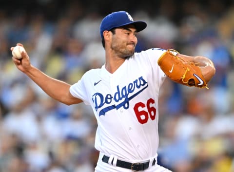 LOS ANGELES, CA – JULY 26: Mitch White #66 of the Los Angeles Dodgers pitches in the first inning against the Washington Nationals at Dodger Stadium on July 26, 2022, in Los Angeles, California. (Photo by Jayne Kamin-Oncea/Getty Images)